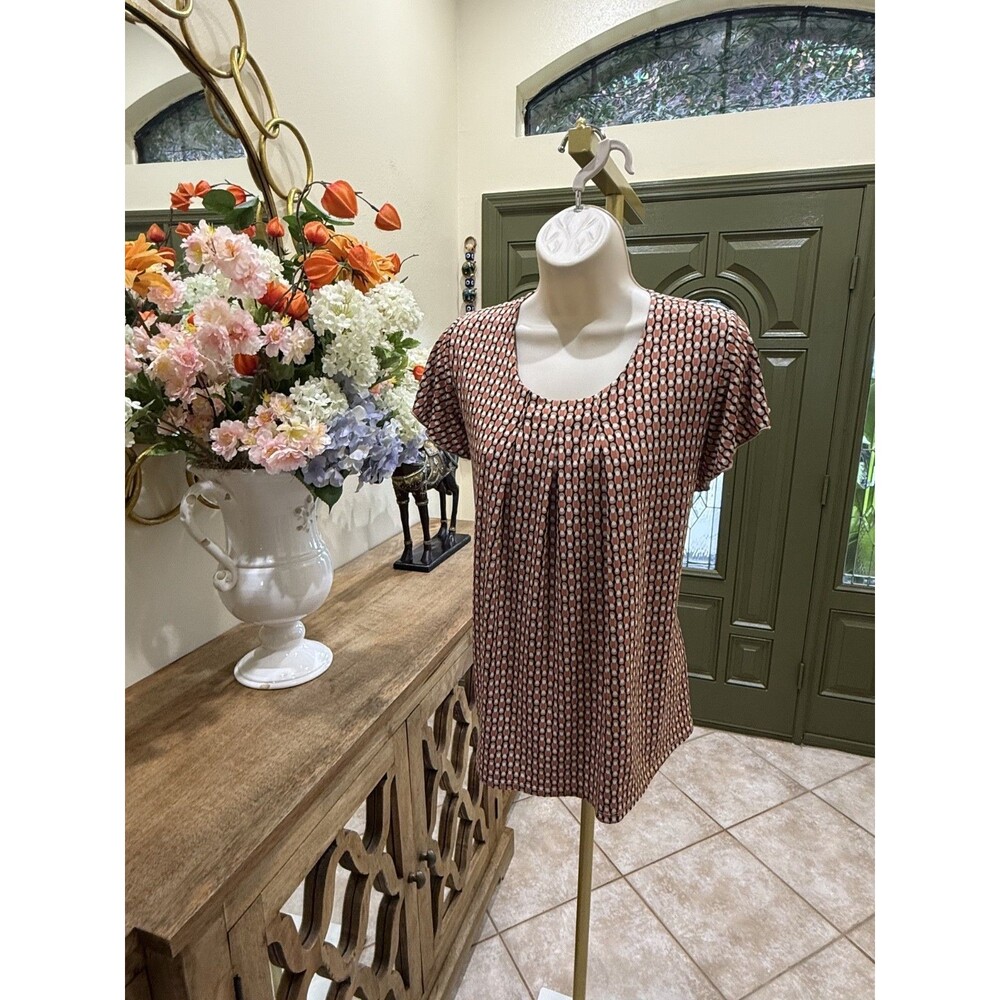 Vintage Light Red Geometric Pleated Top – Size Large